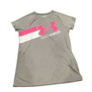Under Armour Girls M Heatgear Loose Graphic Tee SS Shirt Grey Pink Athletic NEW